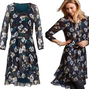 Cabi Pirouette Floating Flowers #3460 3/4 Sleeve Tiered Ruffle Hem Dress Size M